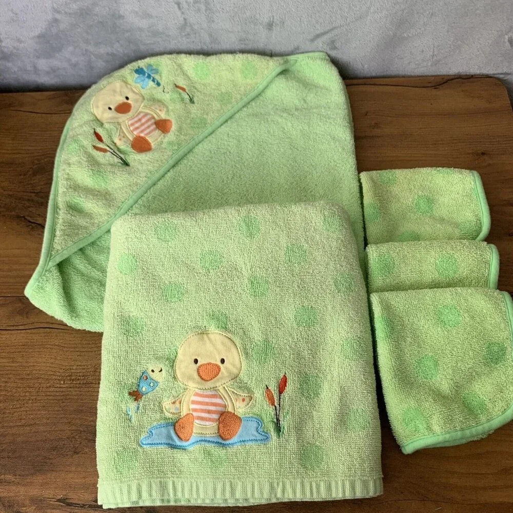 5 Pc Babies R‎ Us Frog Green Towel Hooded Washcloths Terry Cloth Cotton Retired